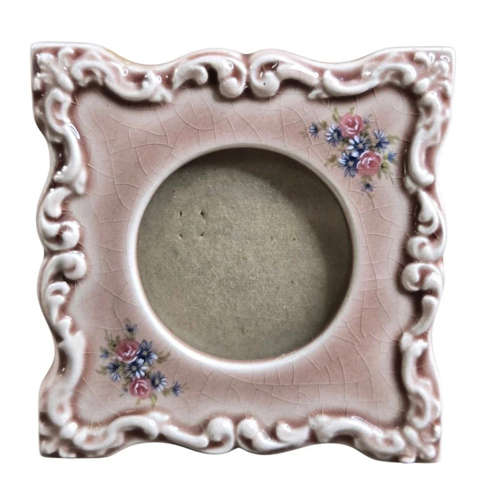 Vintage Miniature Ceramic Picture Frame Pink Crackle Glaze Floral Shabby Chic 4